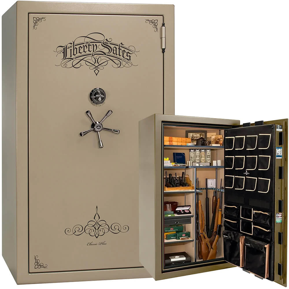 Liberty Classic Plus 50 gun safe with champagne marble finish, featuring secure storage and sturdy construction.