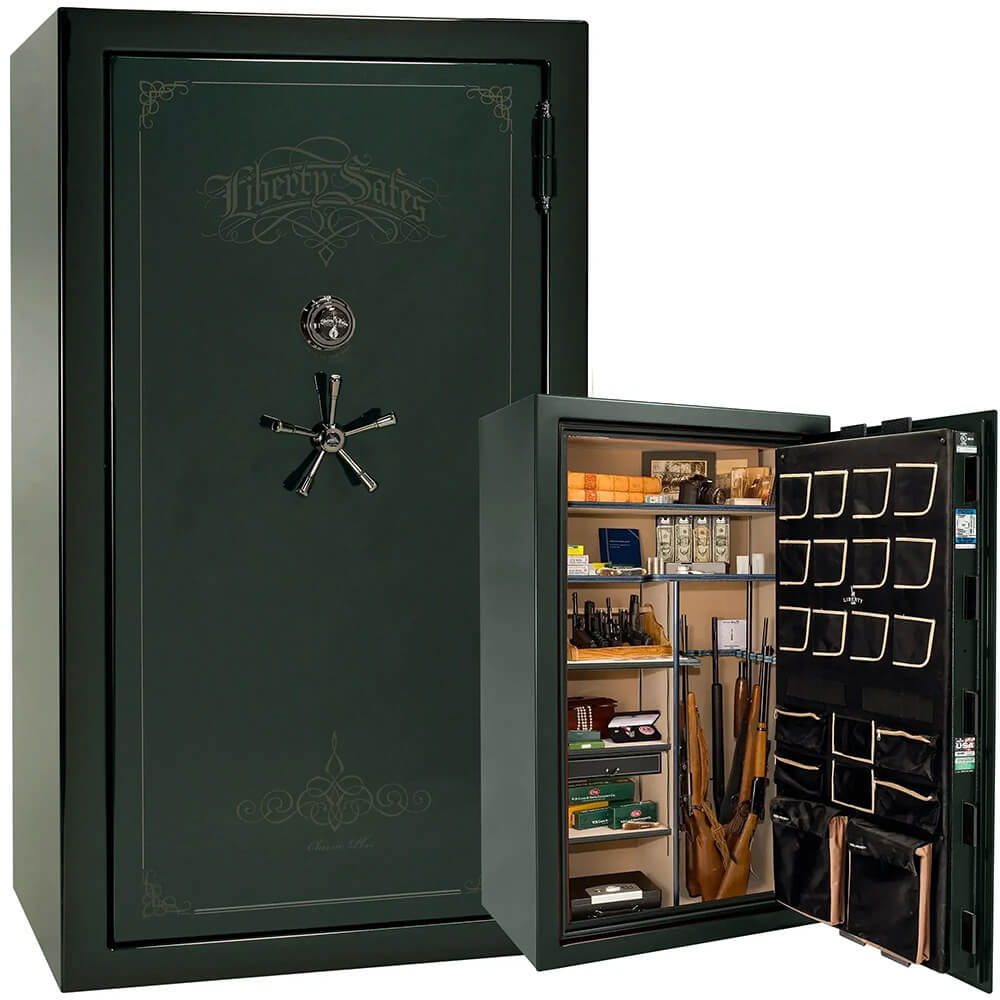 Liberty National Classic Plus 50 gun safe in emerald green with feathered finish, showcasing secure storage and durable design.