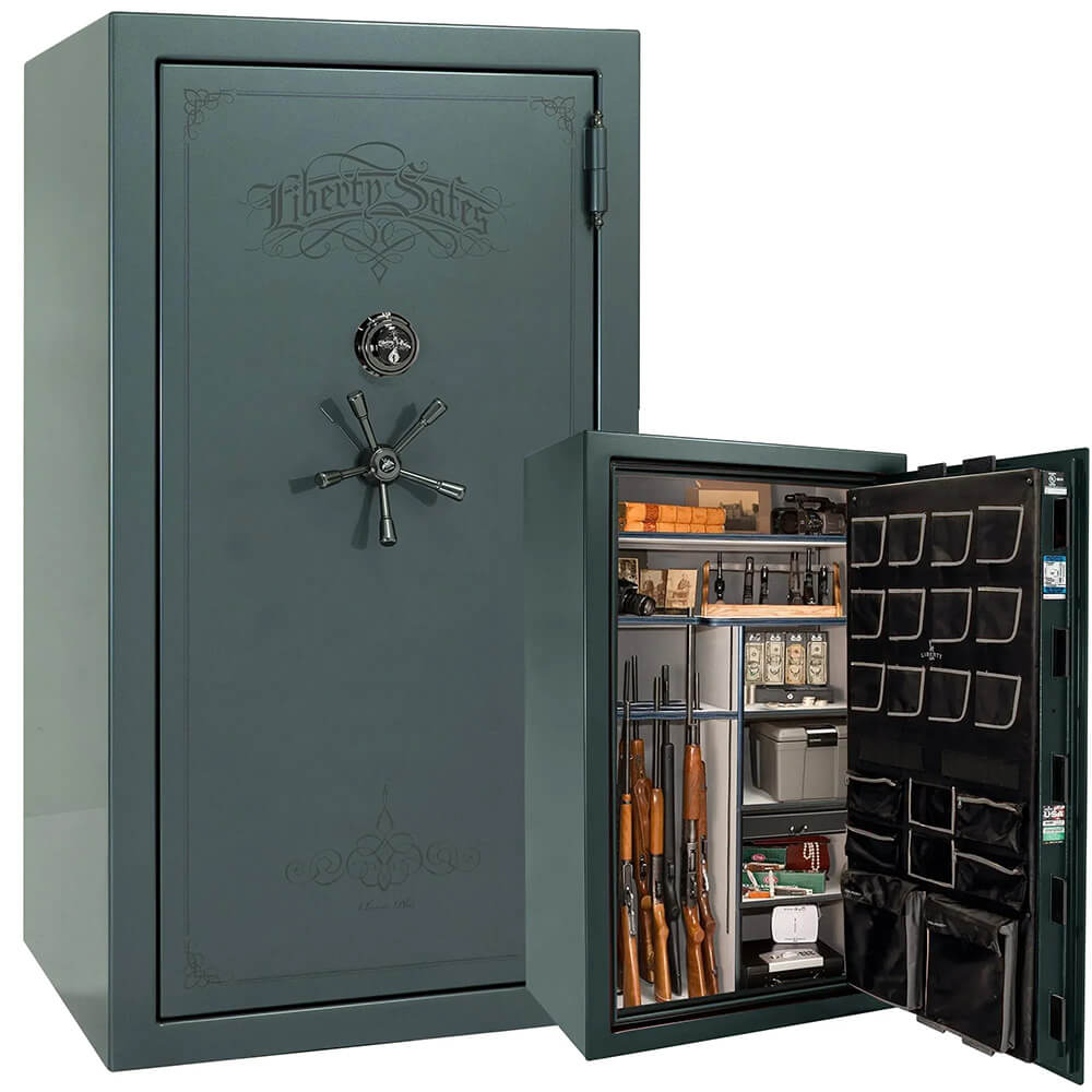 Liberty National Classic Plus 50 gun safe in forest mist gloss finish, showing its secure door and interior storage compartments.