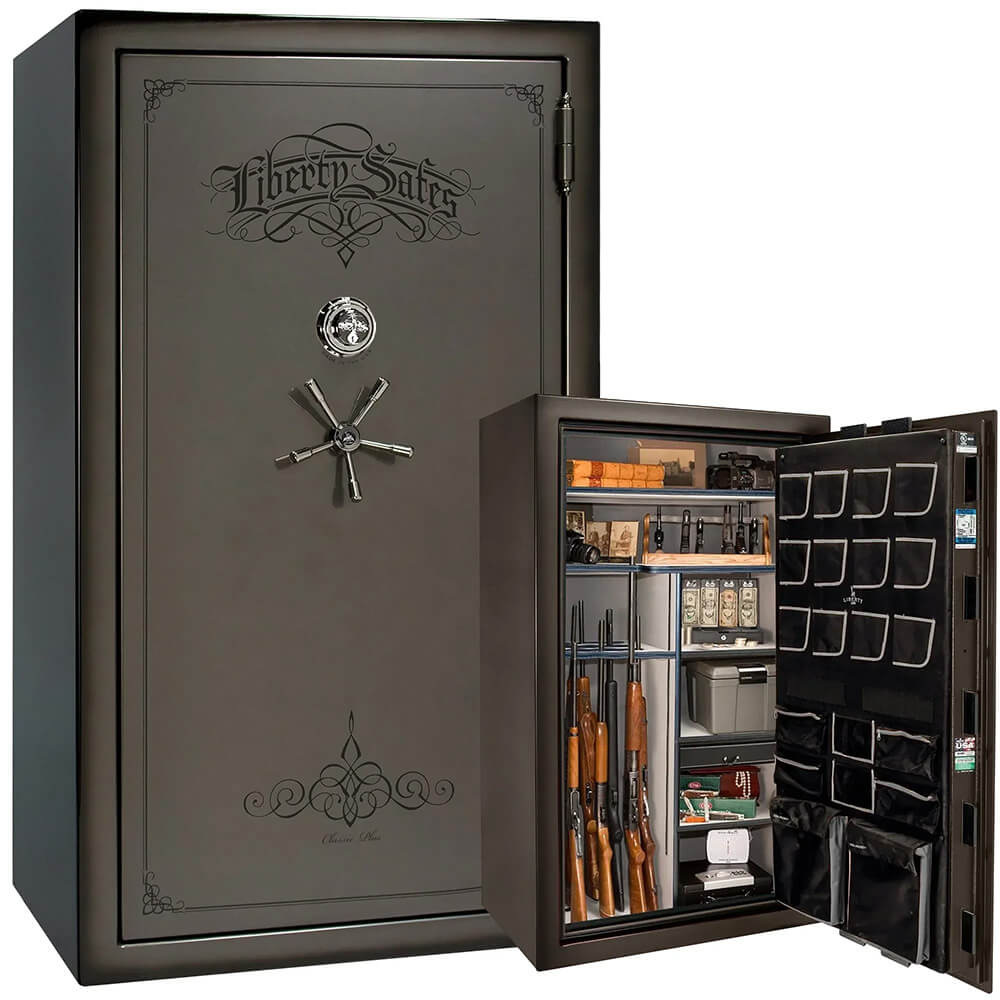 Liberty National Classic Plus 50 gun safe in gray charcoal finish with feathered details, designed for secure firearm storage.