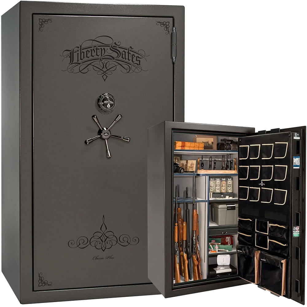Liberty National Classic Plus 50 gun safe in gray marble finish with secure locking and spacious interior for firearm storage.