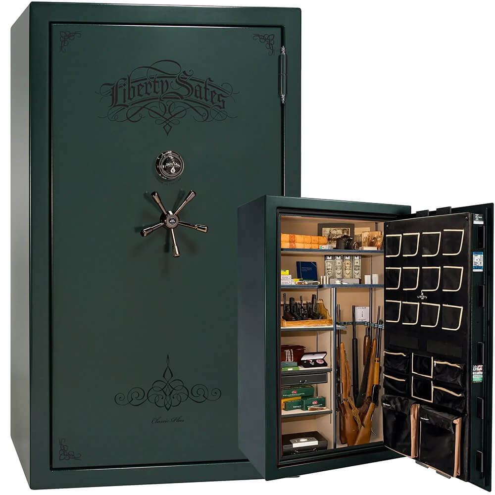 Liberty National Classic Plus 50 gun safe with green marble finish, secure storage for firearms and valuables.