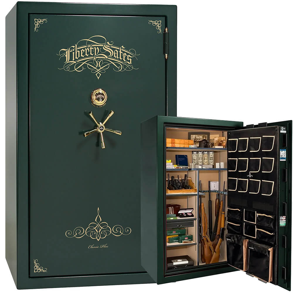 Liberty National Classic Plus 50 gun safe with green marble finish, sturdy steel construction, and secure lock system.