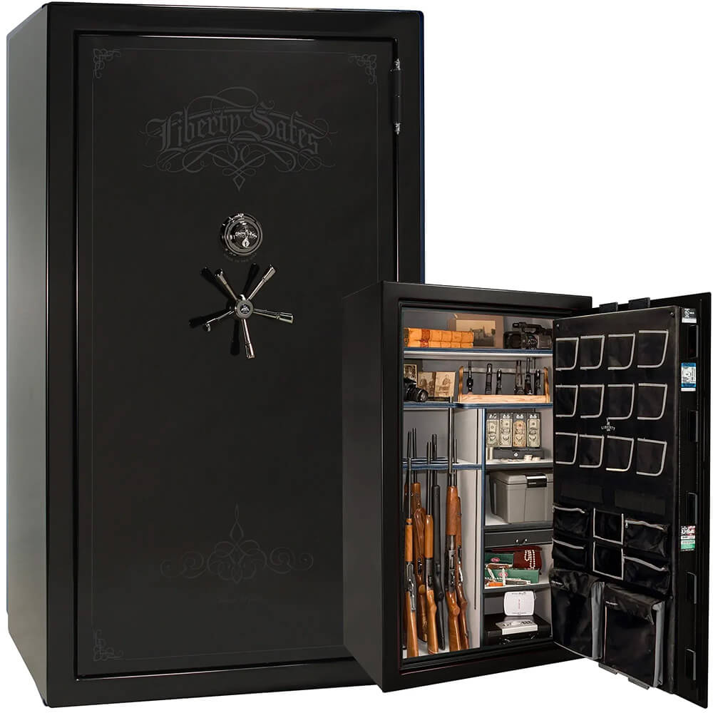 Liberty National Classic Plus 50 gun safe in mirror black finish, featuring secure locking and spacious interior for firearm storage.