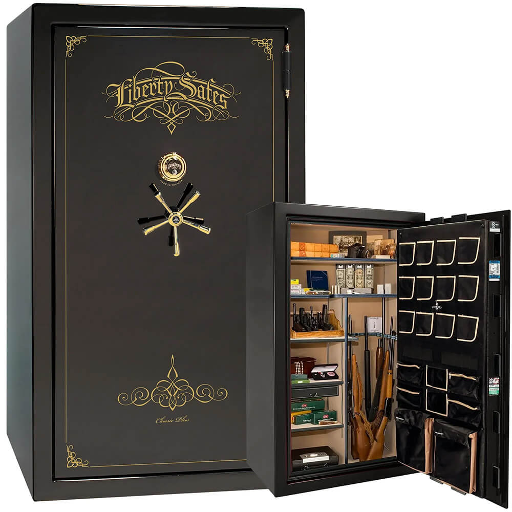 Liberty National Classic Plus 50 gun safe in mirror black finish with secure locking and spacious interior for firearms storage.