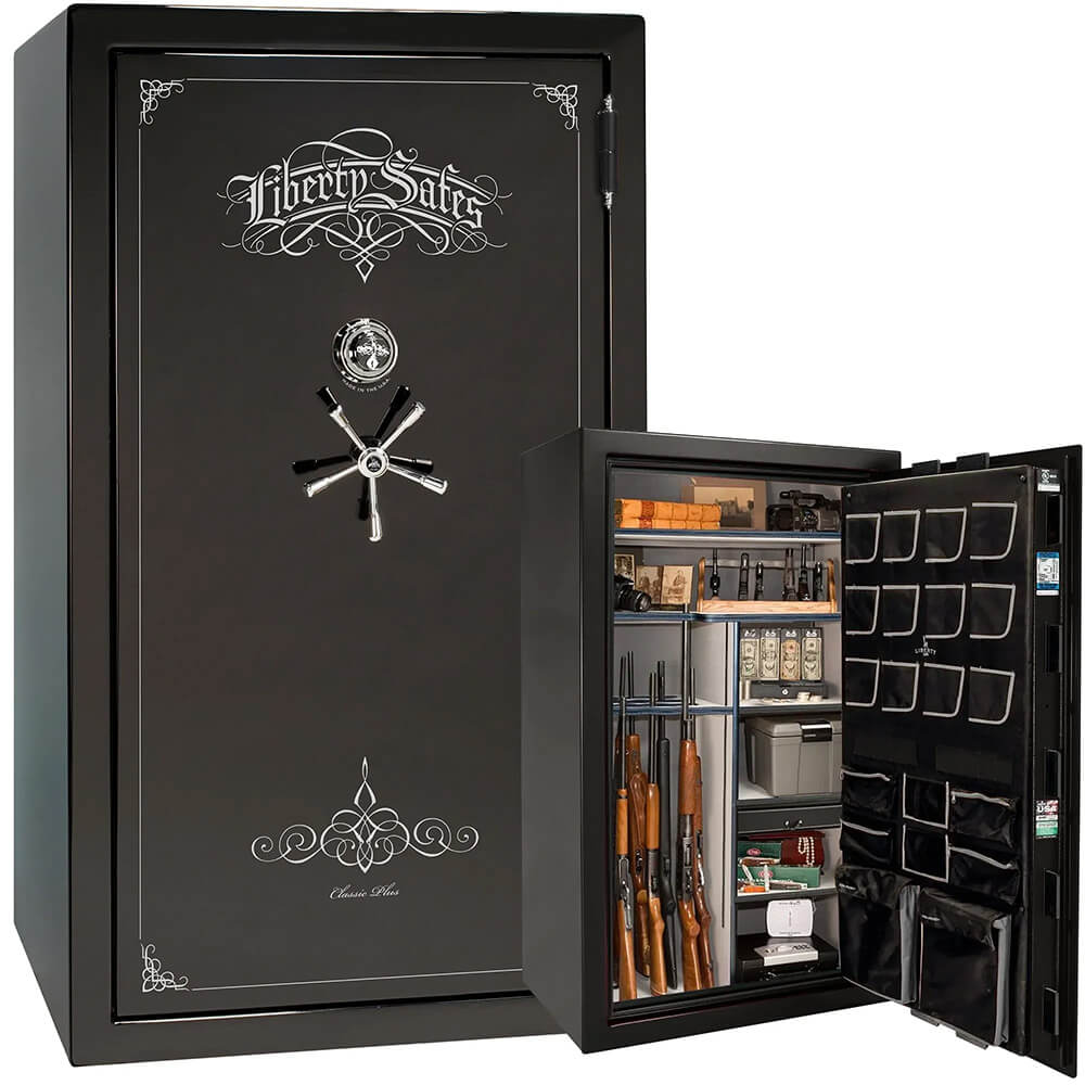 Liberty National Classic Plus 50 gun safe with mirror black finish, secure storage for firearms and valuables.