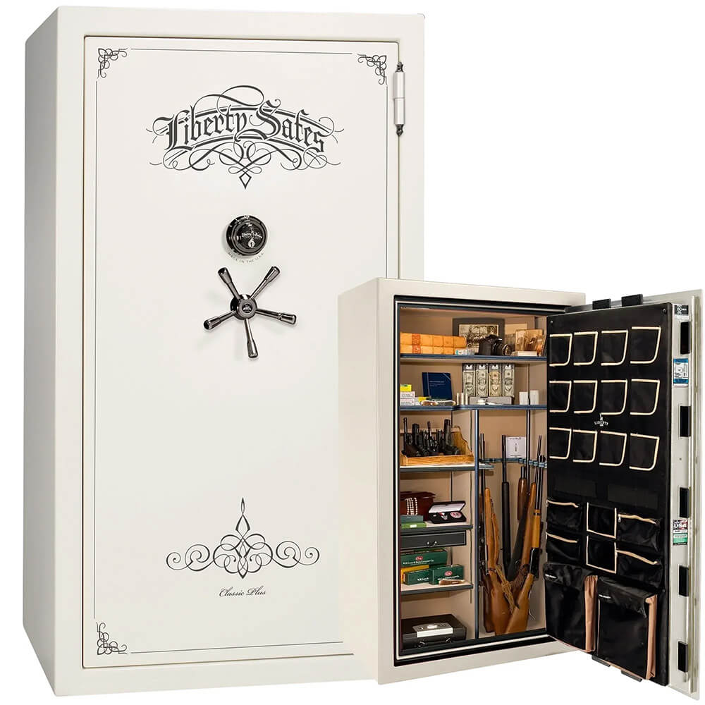 Liberty National Classic Plus 50 gun safe with white gloss finish, sturdy locking system, and secure storage for firearms.