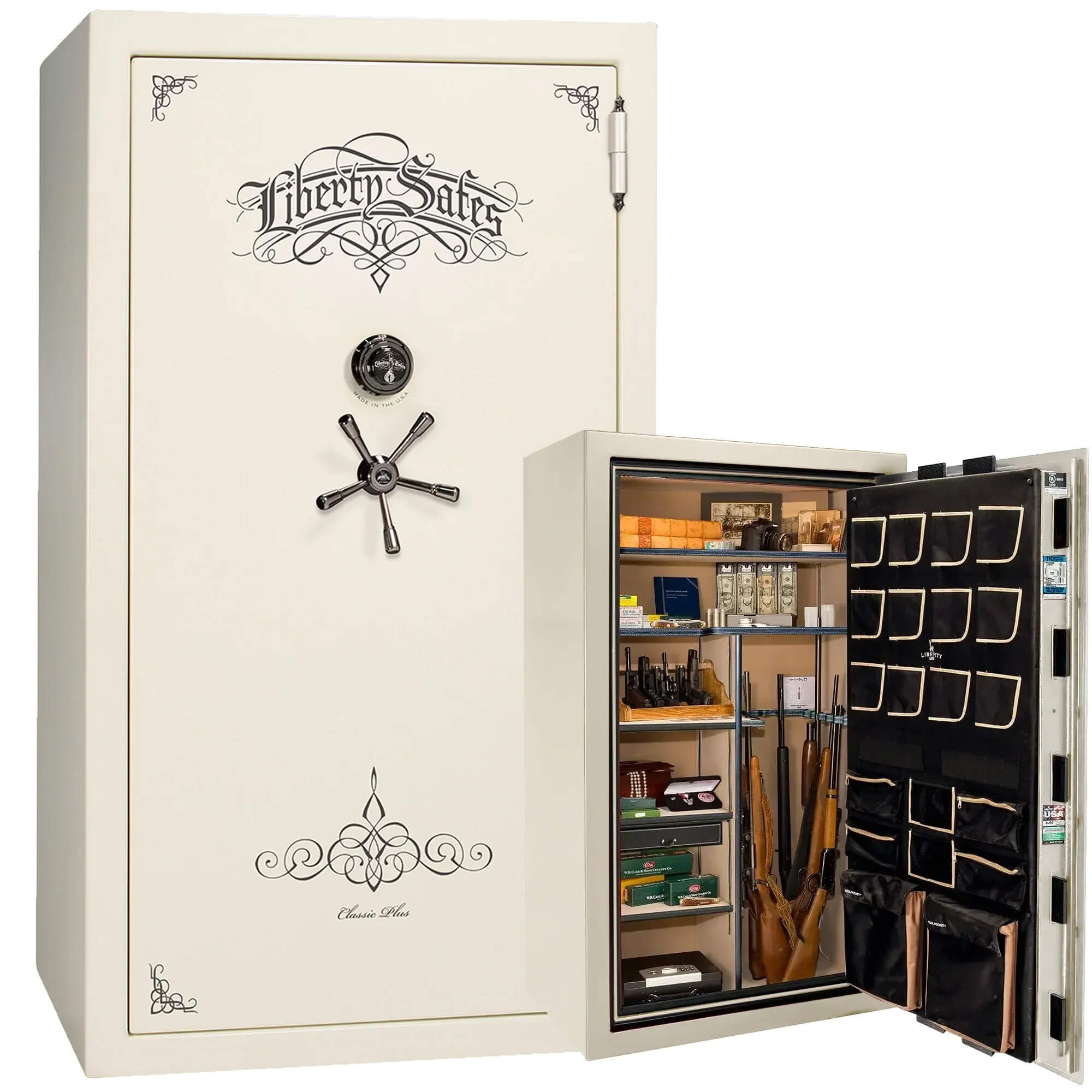 Liberty National Classic Plus 50 gun safe with white marble finish, secure storage for firearms and valuables.