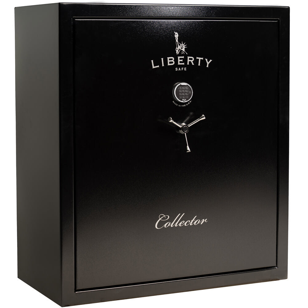 Liberty Collector Gun Safe in black, closed, showcasing secure locking mechanism and durable steel construction.