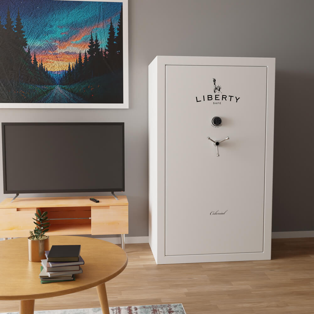 Liberty Colonial 50 white gun safe in lifestyle living home setting next to tv entertainment system