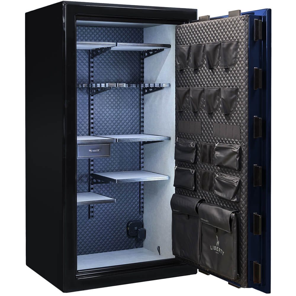 Open Liberty Presidential Signature 40 gun safe with blue exterior, showing secure interior storage and shelving for firearms.