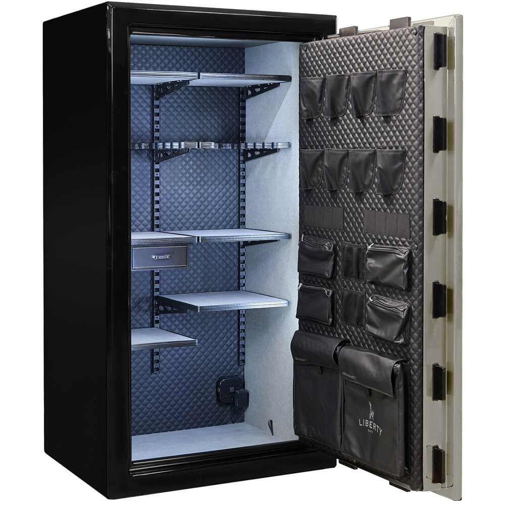 Open Liberty Presidential Signature 40 gun safe with champagne-colored interior and secure storage for firearms and valuables.