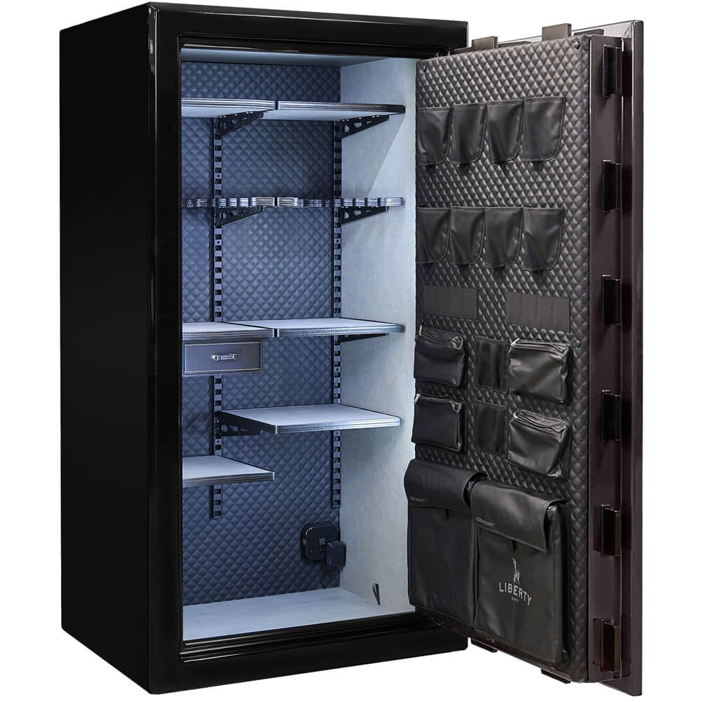 Liberty Presidential Signature 40 Gun Safe in gray, open with visible interior shelving and secure locking mechanism.