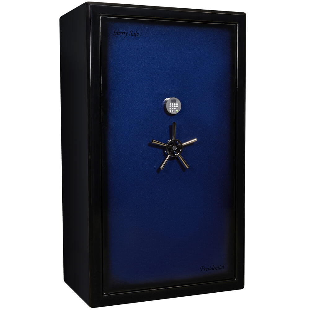 Liberty Presidential Signature 50 gun safe in blue, closed with keypad lock, sturdy steel construction for secure firearm storage.