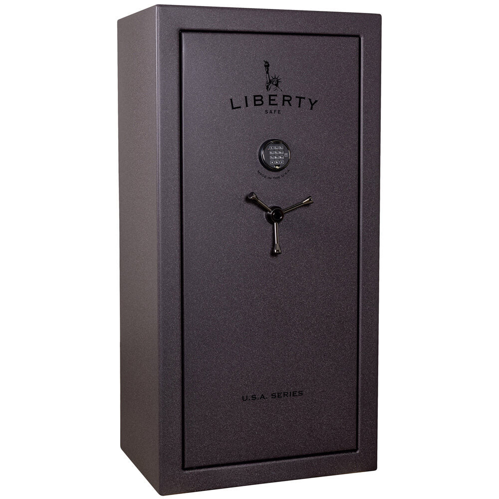 Liberty USA 30 Gun Safe with a red forged steel exterior and closed door, designed for secure firearm storage
