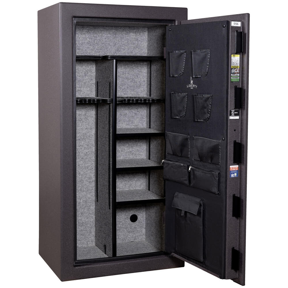 Open Liberty USA 30 Gun Safe with red forged exterior showing empty interior and secure storage for firearms.