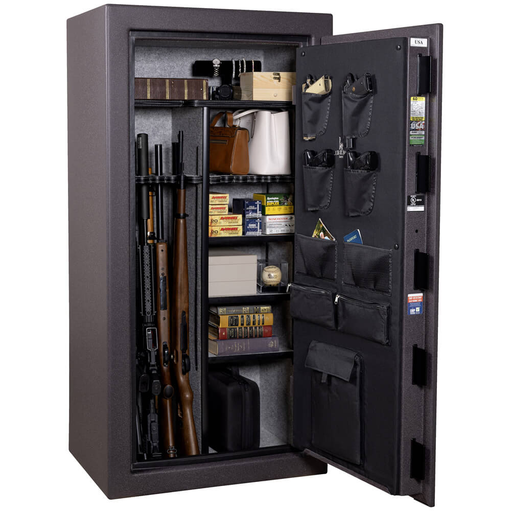 Open Liberty USA 30 gun safe with loaded firearms inside, showcasing secure storage and forged red exterior.