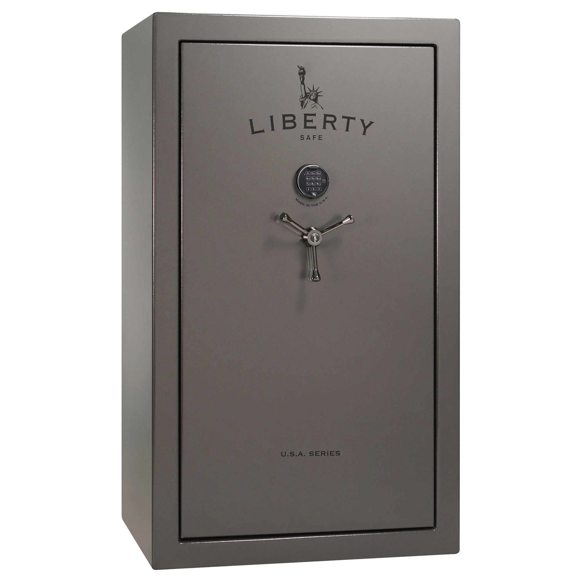 Liberty USA 36 Gun Safe in gray gloss finish, closed with secure door and digital lock, designed for firearm storage.