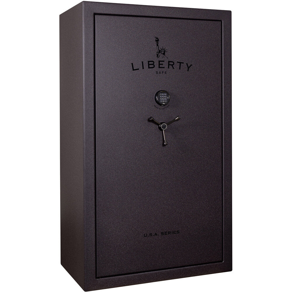 Liberty USA 50 Gun Safe in red, closed, showing the forged steel door and secure locking mechanism.