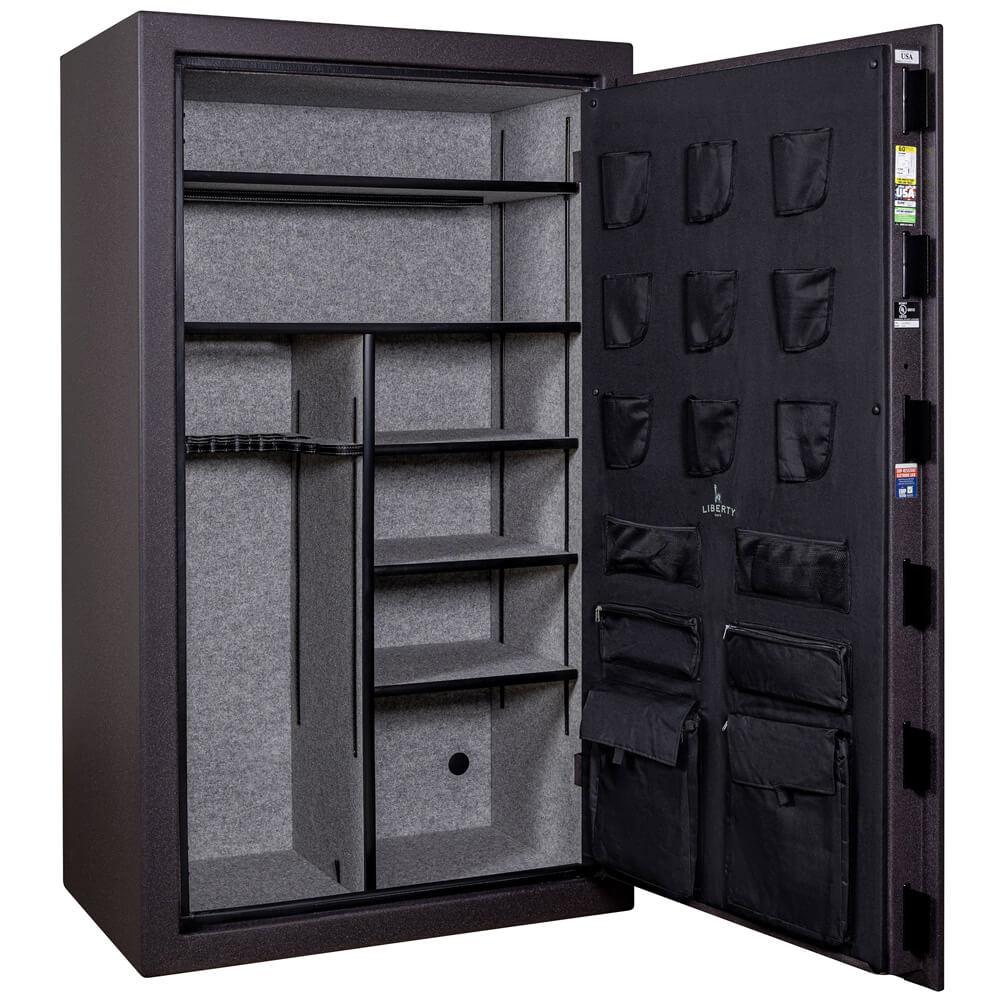 Open Liberty USA 50 Gun Safe with red forged exterior, showing spacious interior for secure firearm storage.