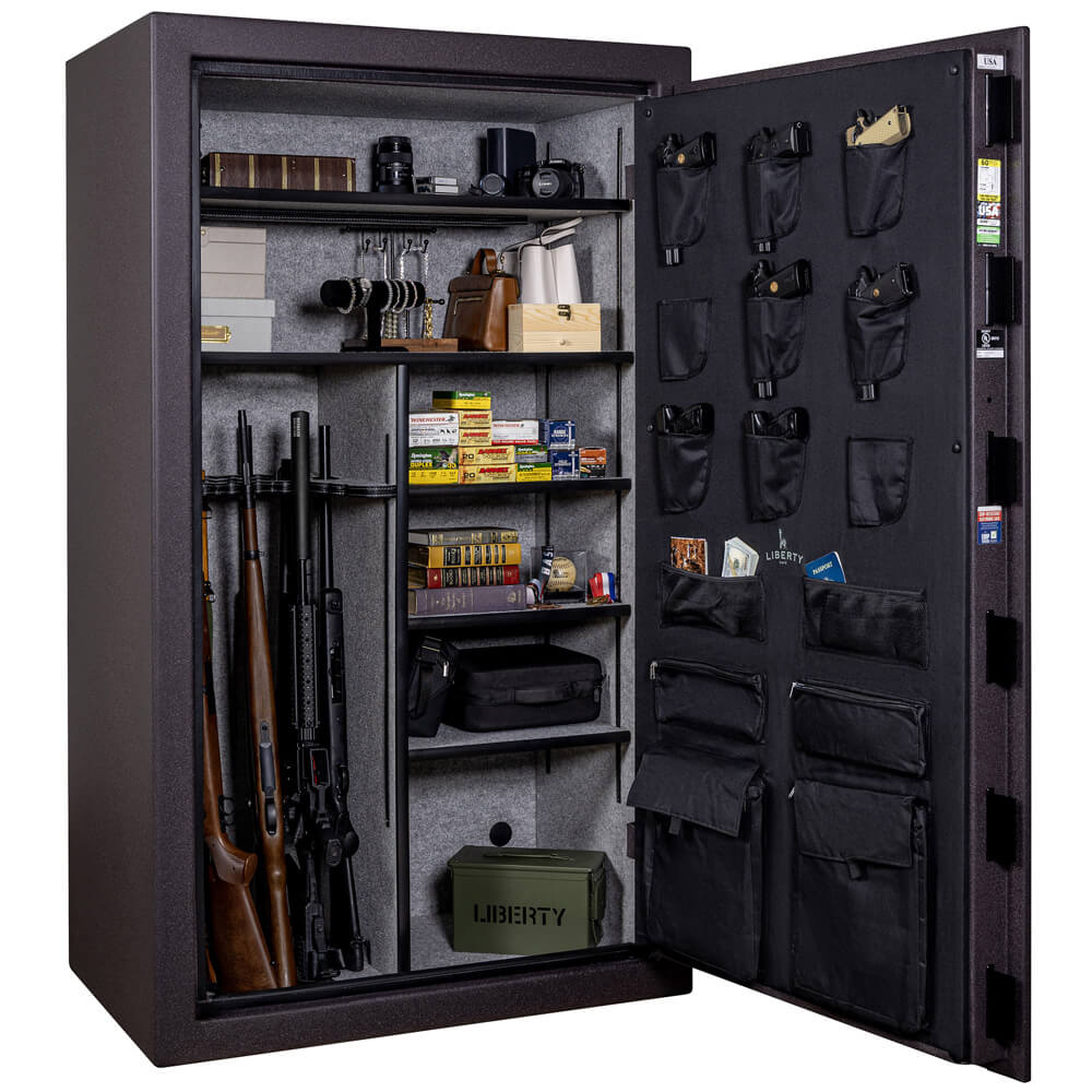 Liberty USA 50 gun safe with open door showing loaded firearms and interior storage, forged red finish.