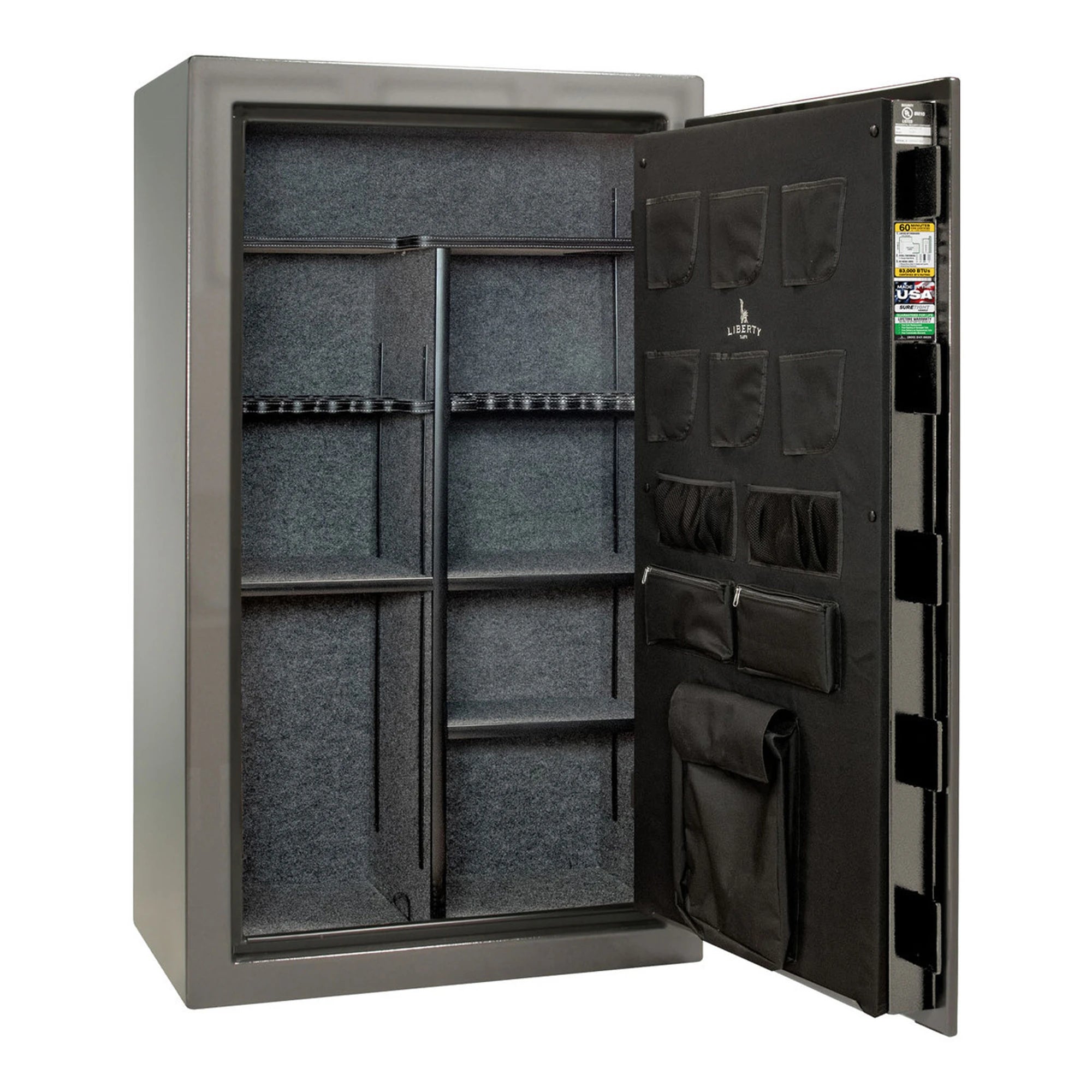 Open Liberty USA 36 Gun Safe in gray gloss finish, showing interior with gun storage and security features.