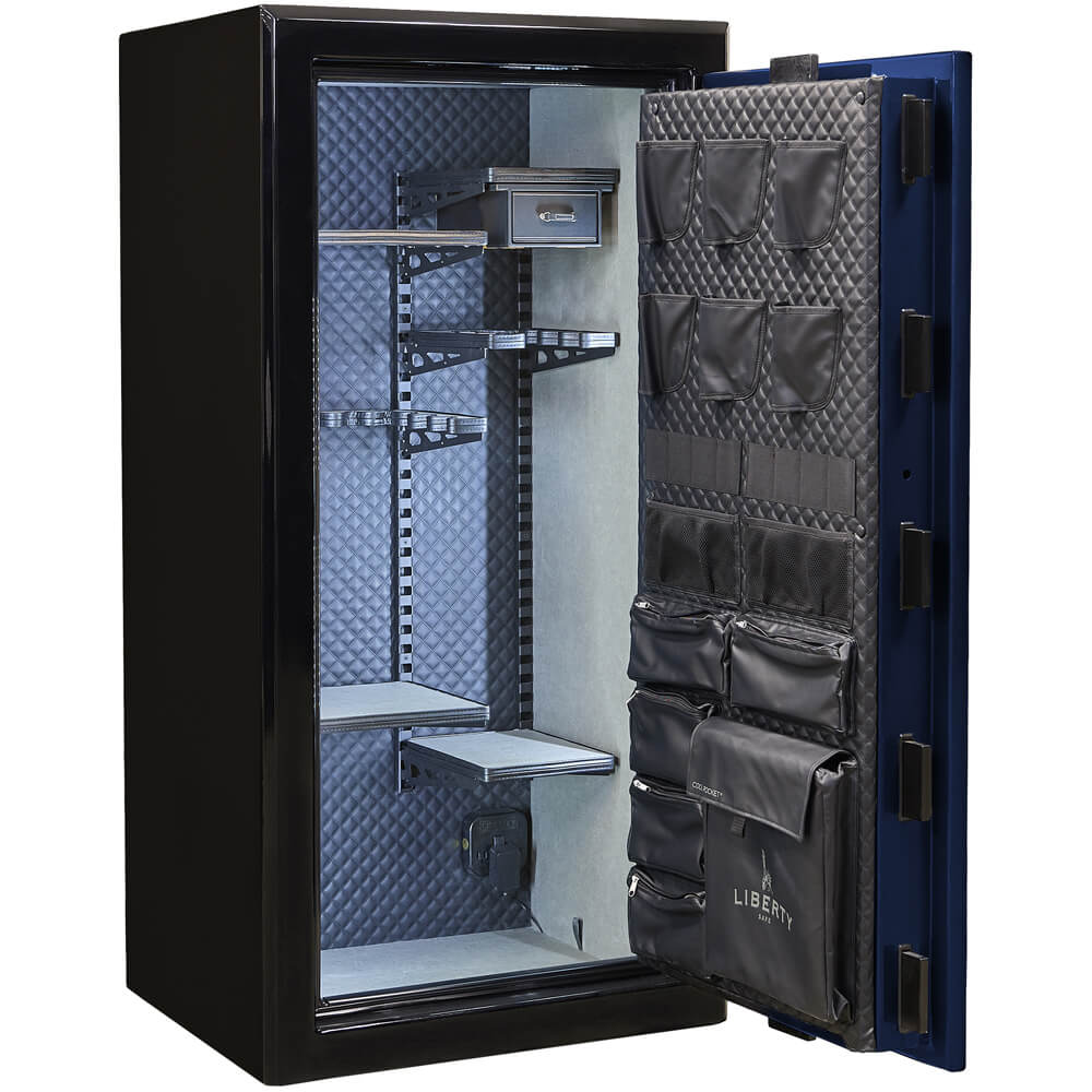 Open Liberty Presidential Signature 25 Gun Safe with blue interior, showcasing secure storage and organized gun compartments.