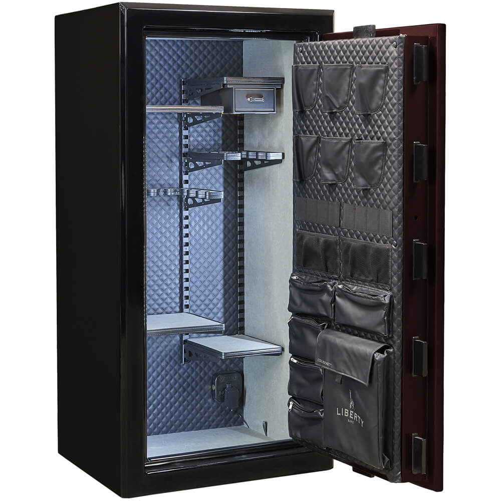 Open Liberty Presidential Signature 25 gun safe in burgundy with interior shelving and secure locking mechanism.