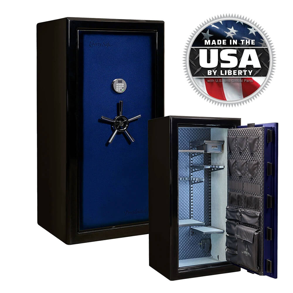 Liberty Presidential Signature 25 gun safe in blue with digital lock and sturdy exterior for secure firearm storage.
