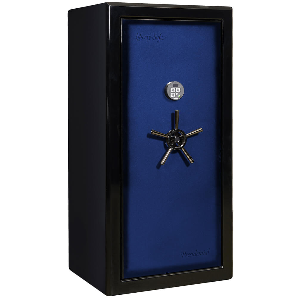 Liberty Presidential Signature 25 gun safe in blue, closed, showcasing secure locking system and durable exterior.