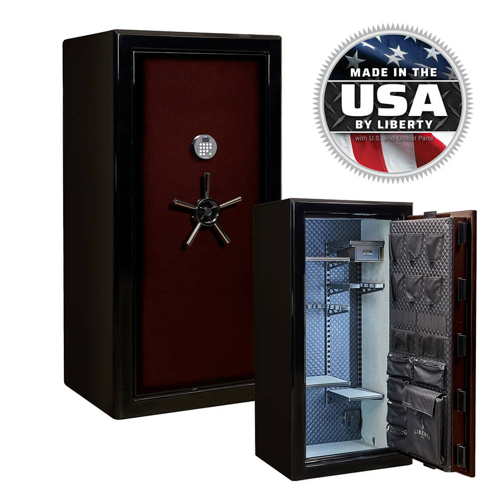 Liberty Presidential Signature 25 gun safe in burgundy with digital lock and spacious interior for secure firearm storage.