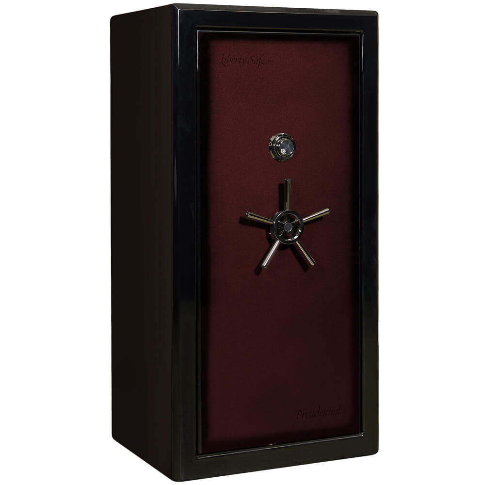 Liberty Presidential Signature 25 gun safe in burgundy, closed with secure door and digital keypad for firearm storage.