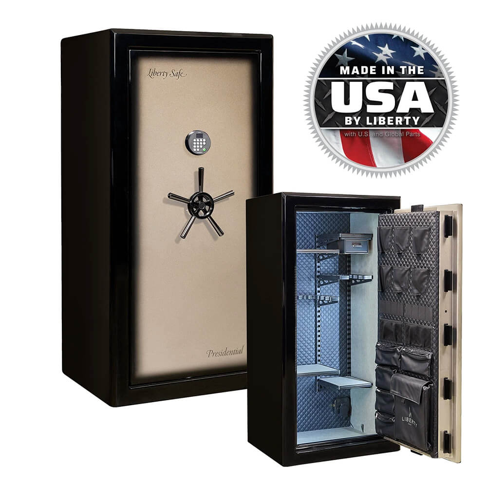 Liberty Presidential Signature 25 Gun Safe in champagne color, featuring secure locking and spacious interior for firearm storage.