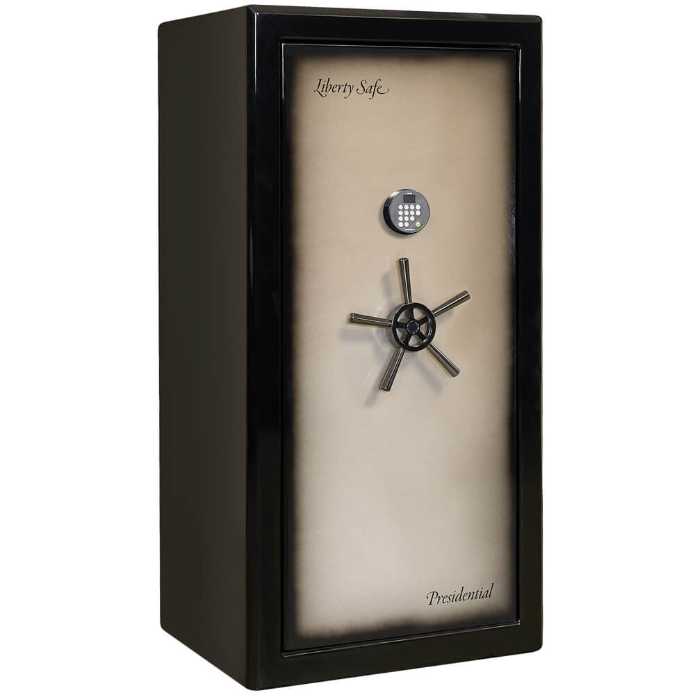 Liberty Presidential Signature 25 Gun Safe in champagne color, closed with secure locking mechanism and digital keypad.