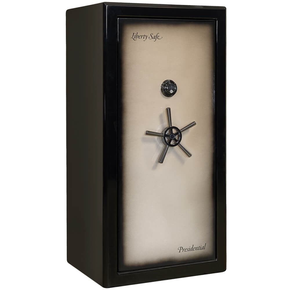 Liberty Presidential Signature 25 Gun Safe in champagne color, closed with keypad and secure locking mechanism.