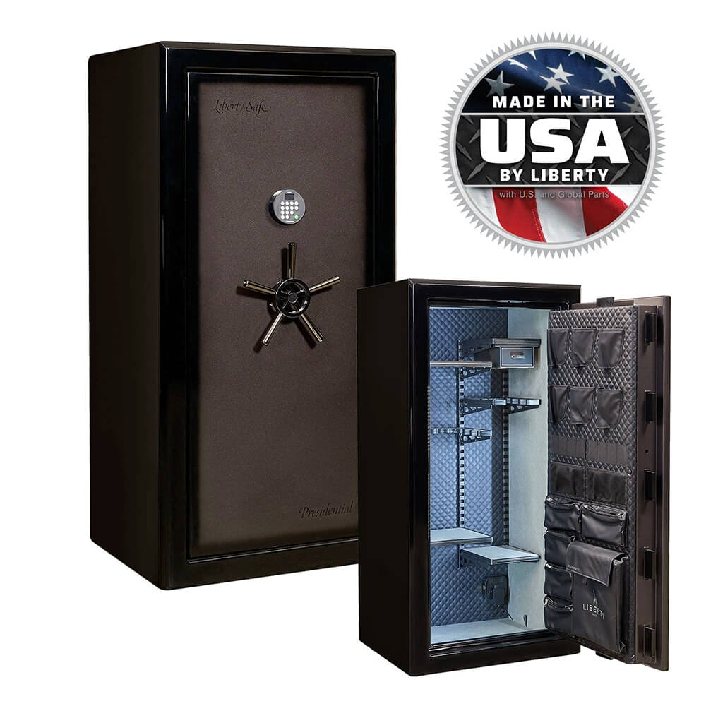 Liberty Presidential Signature 25 Gun Safe in gray with secure locking system and spacious interior for firearm storage.