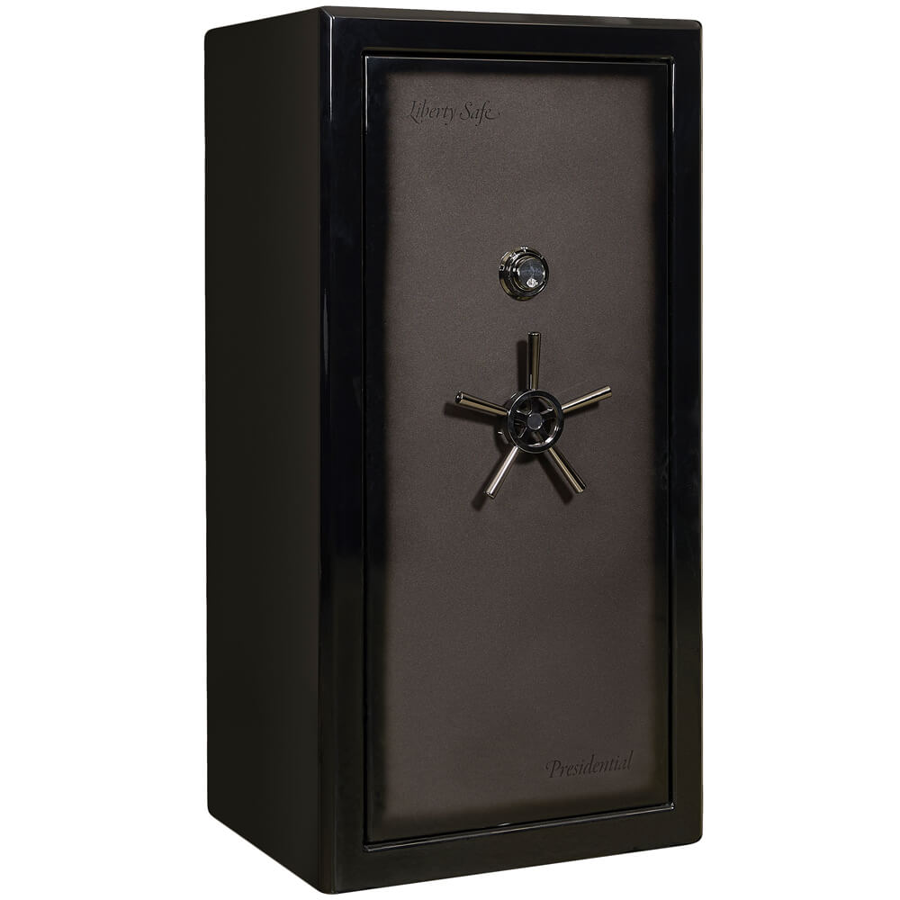 Gray Liberty Presidential Signature 25 Gun Safe with closed door, showcasing sturdy construction and secure locking system.