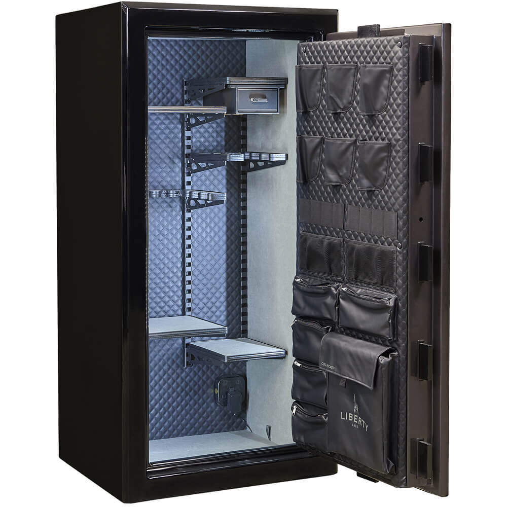 Liberty Presidential Signature 25 gun safe open with gray exterior, showcasing secure storage and organized interior for firearms.