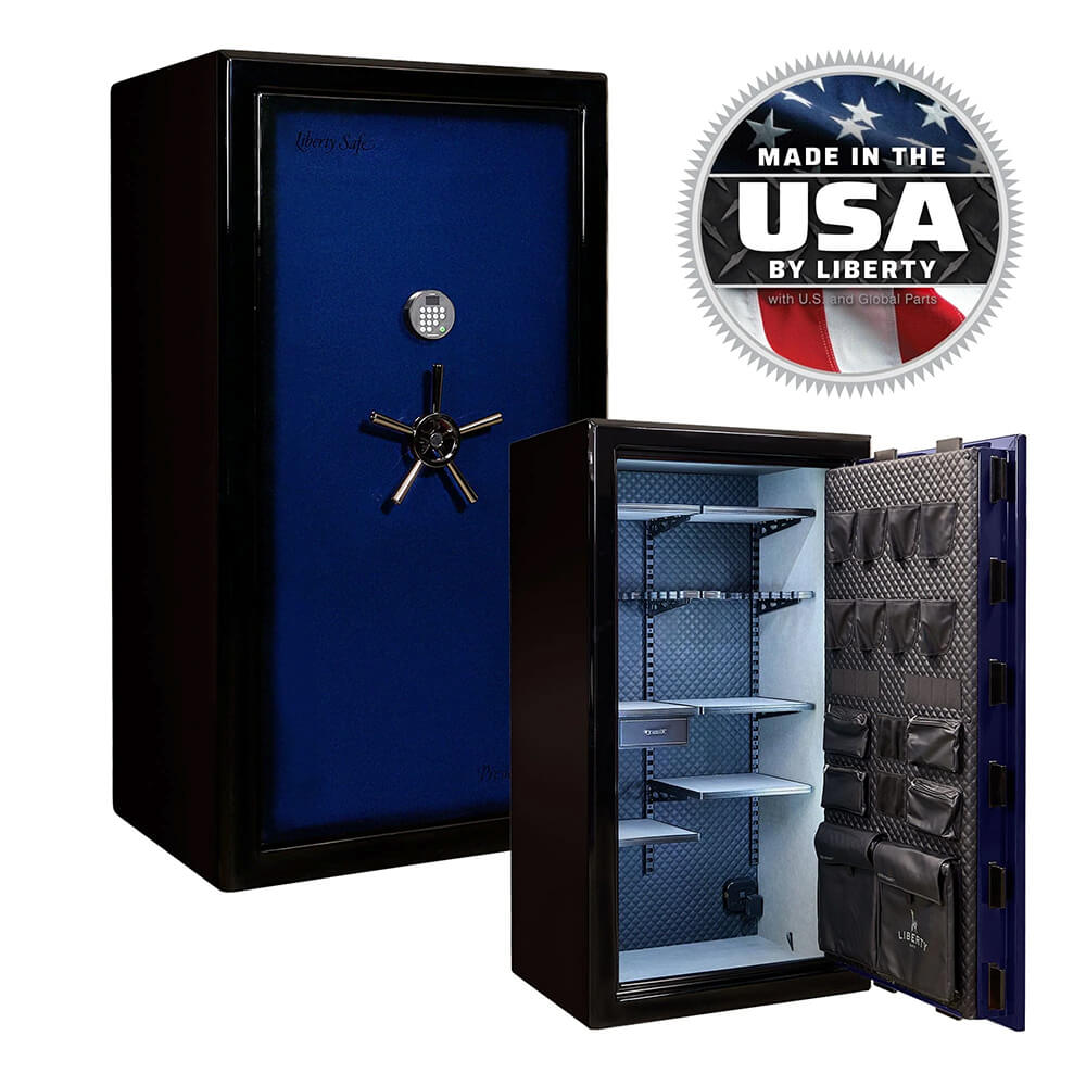 Liberty Presidential Signature 40 gun safe in blue, featuring secure locking mechanism and spacious interior for firearm storage.