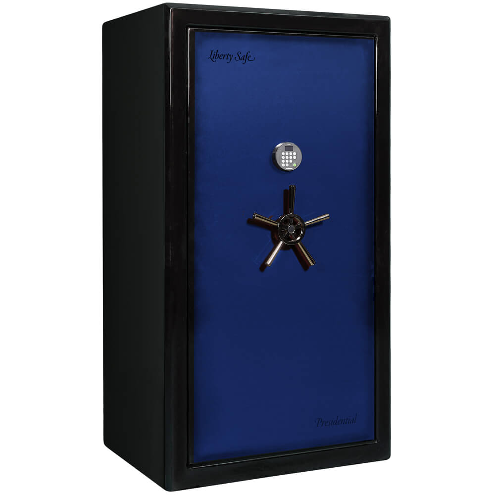Liberty Presidential Signature 40 Gun Safe in blue, closed with keypad and handle securely protecting firearms and valuables.
