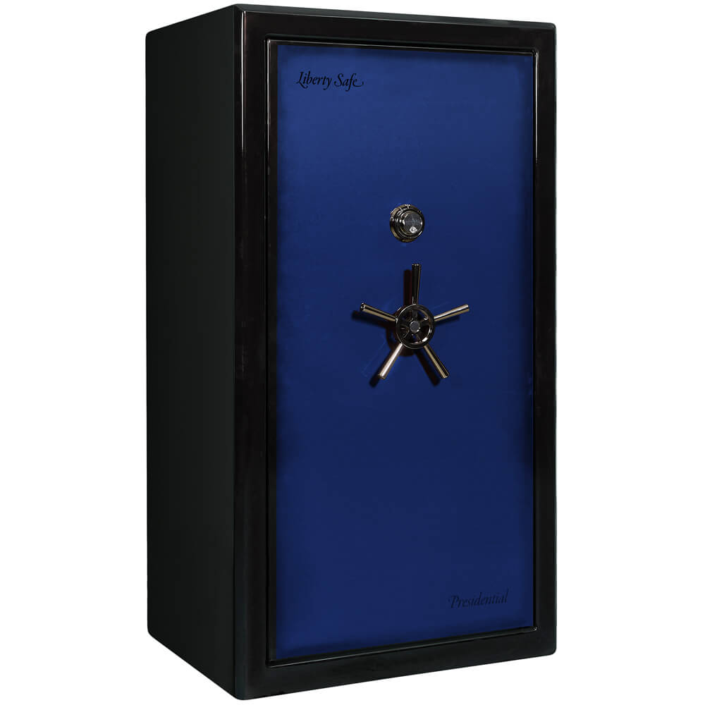 Liberty Presidential Signature 40 gun safe in blue, closed, showcasing its sturdy exterior and secure locking mechanism.
