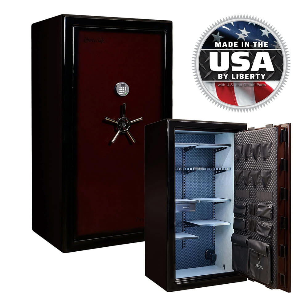 Liberty Presidential Signature 40 gun safe in burgundy with secure locking mechanism and spacious interior for firearm storage