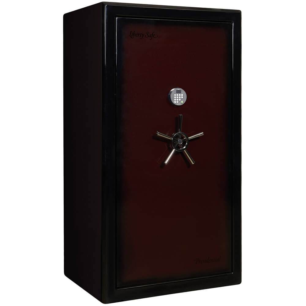 Liberty Presidential Signature 40 Gun Safe in burgundy, closed with digital lock and sturdy exterior for secure firearm storage.