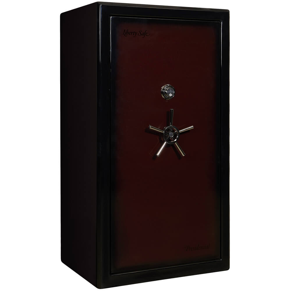 Liberty Presidential Signature 40 gun safe in burgundy, closed, showing the secure exterior and sturdy construction.