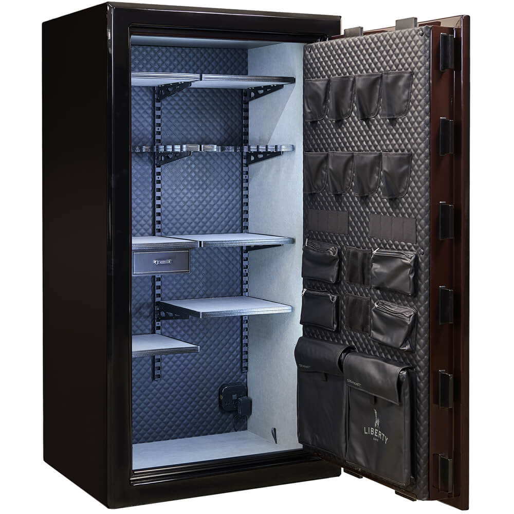 Open Liberty Presidential Signature 40 gun safe in burgundy, showing interior shelves and secure locking mechanism.