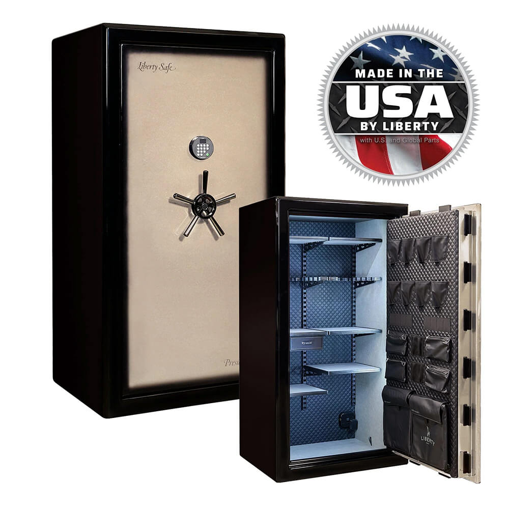 Liberty Presidential Signature 40 Gun Safe in champagne finish with digital keypad and sturdy locking bolts.