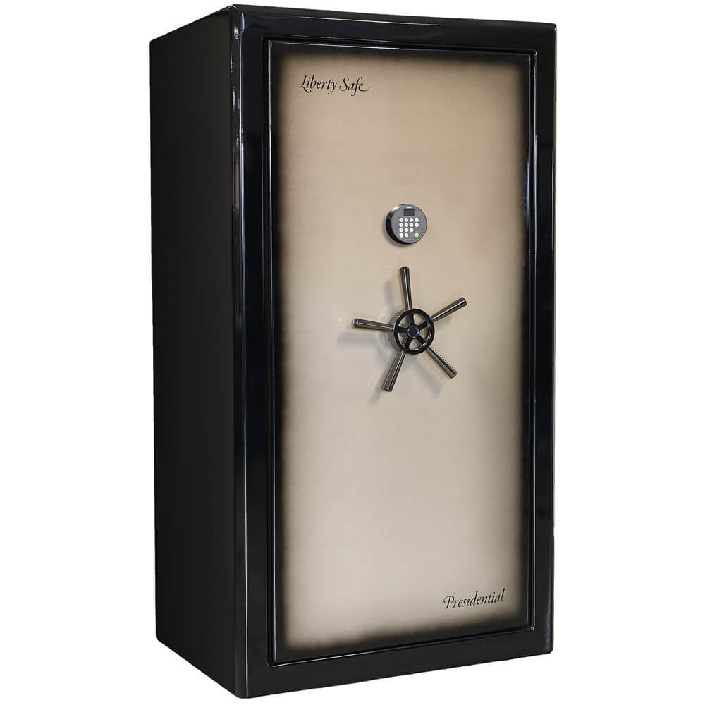 Liberty Presidential Signature 40 Gun Safe in champagne color, closed with keypad lock and sturdy construction.