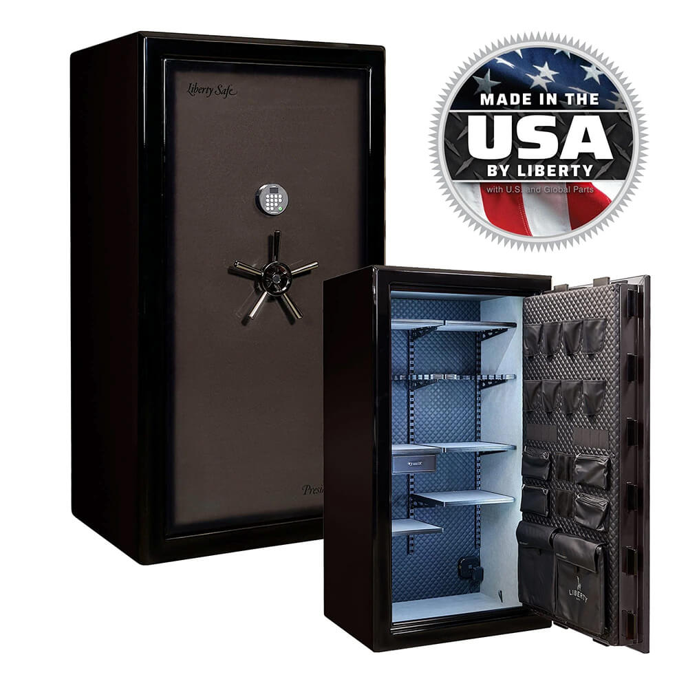 Liberty Presidential Signature 40 Gun Safe in gray, featuring a sturdy interior and secure locking mechanism for firearm storage.