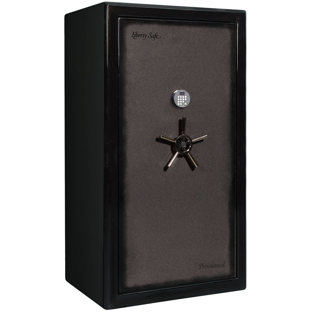 Liberty Presidential Signature 40 Gun Safe in gray, closed, featuring a secure steel exterior and electronic lock system.