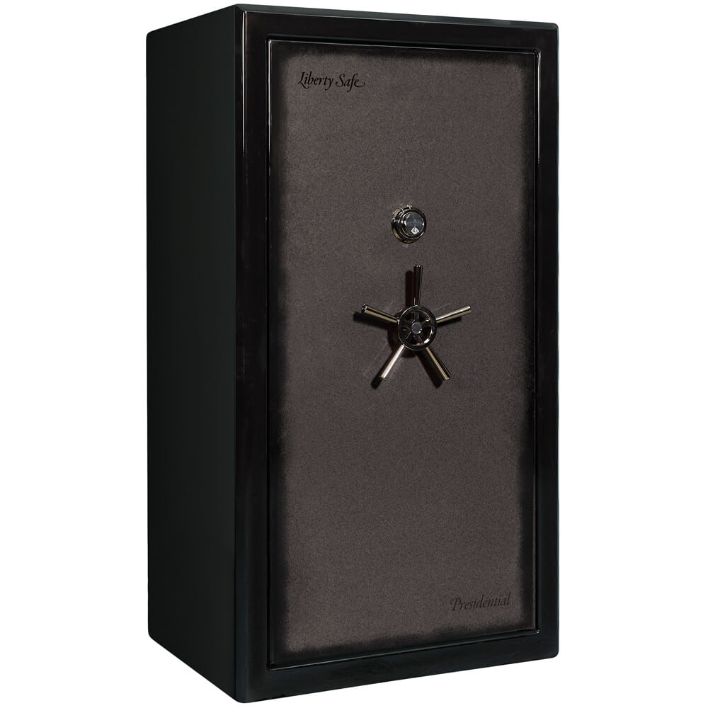 Liberty Presidential Signature 40 gun safe in gray, closed with digital keypad and sturdy locking mechanism visible.